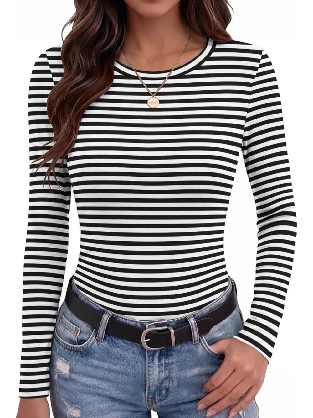 Women's Black White Striped Long Sleeve Crew Neck Casual Imported Tees Shirt